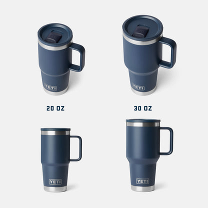 Four views of a navy blue YETI travel mug with a handle and lid, shown in 20 oz and 30 oz sizes on a light gray background.