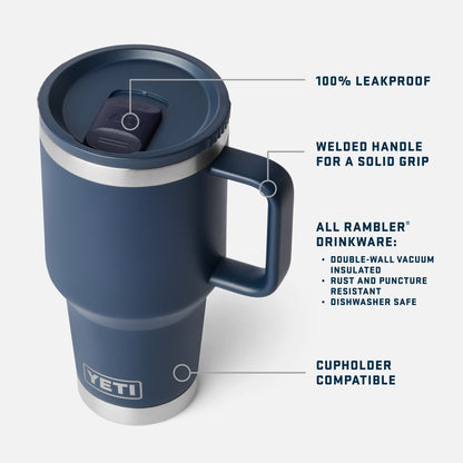A navy blue YETI Rambler insulated travel mug with a lid and handle, shown on a light gray background with callout lines and text highlighting features like 100% leakproof, welded handle, all Rambler drinkware quality, and cupholder compatibility.