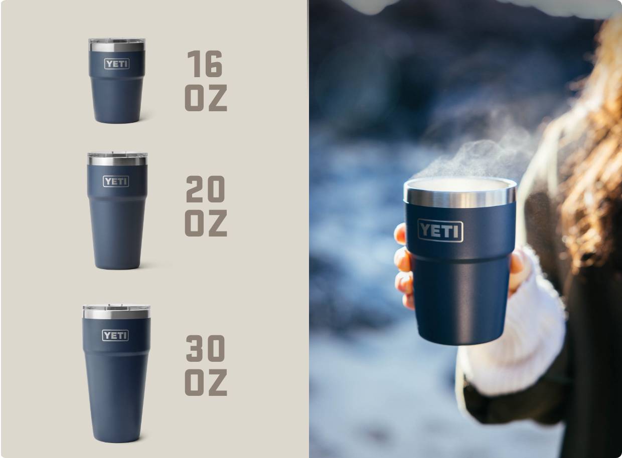 YETI mug with different size options displayed on a beige background