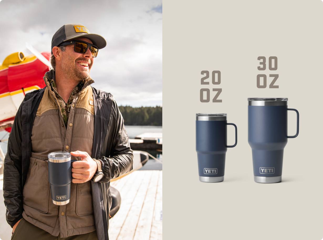 Man holding a YETI mug outdoors with product images on a gray background