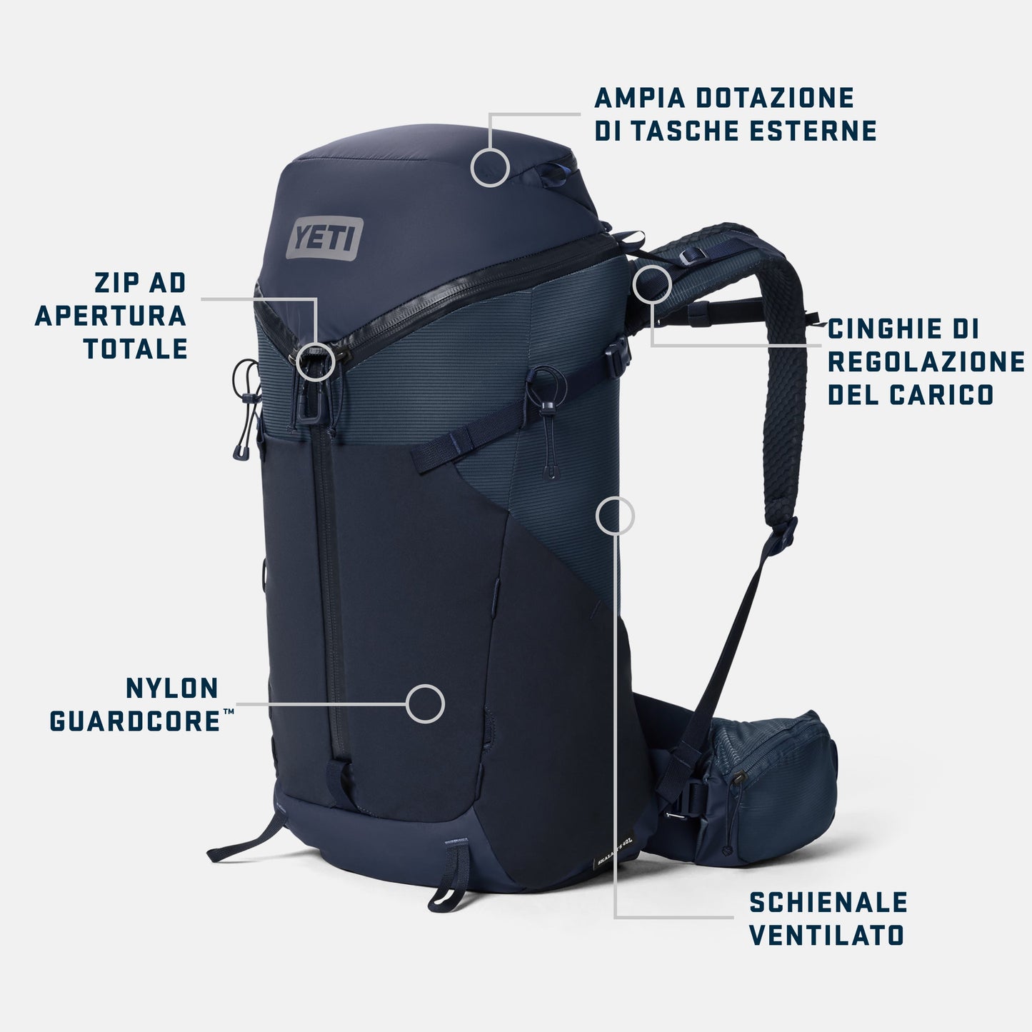 Navy blue backpack with features labeled on a white background Italian