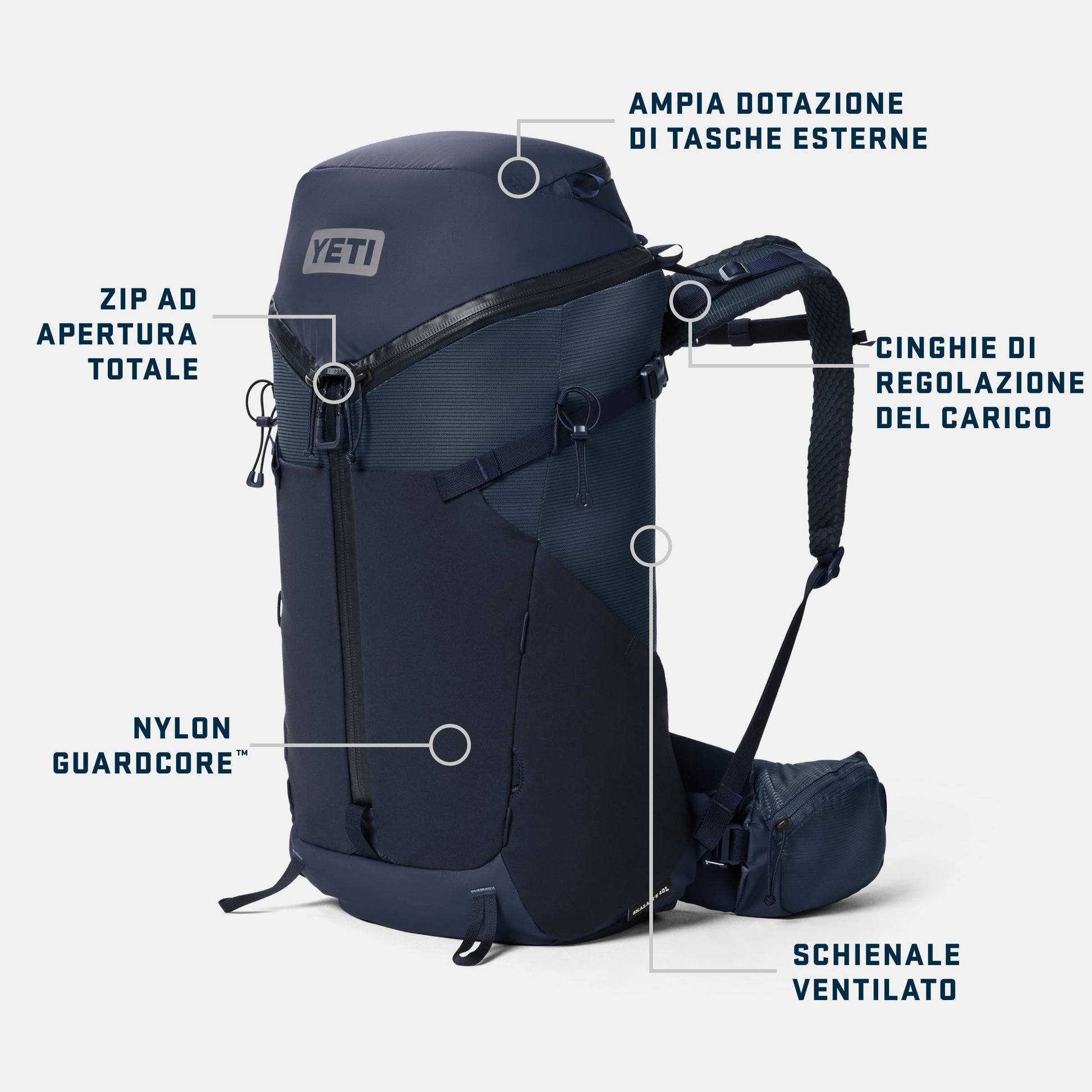 Navy blue backpack with features labeled on a white background Italian