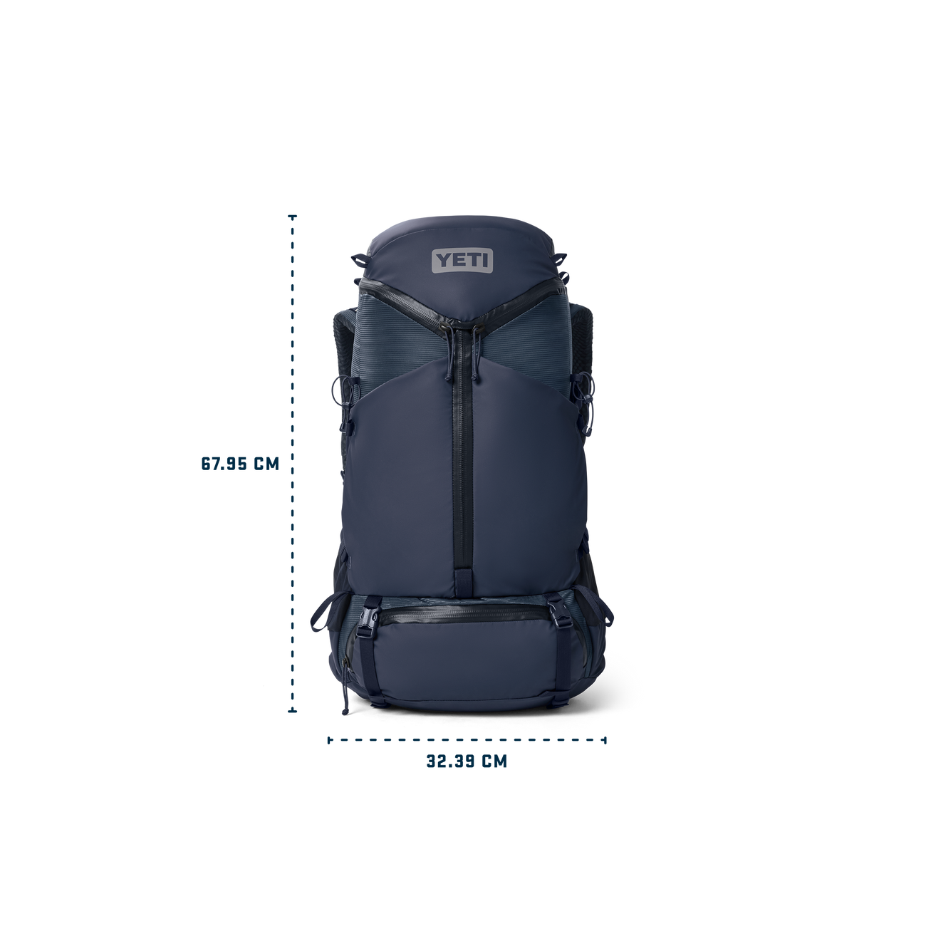 Skala Navy blue backpack with YETI logo and dimensions on a white background