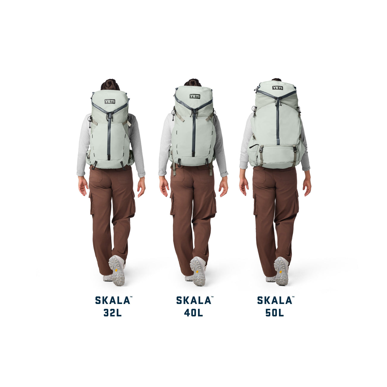 Three people wearing different sizes of a 'Skala' backpack on a white background