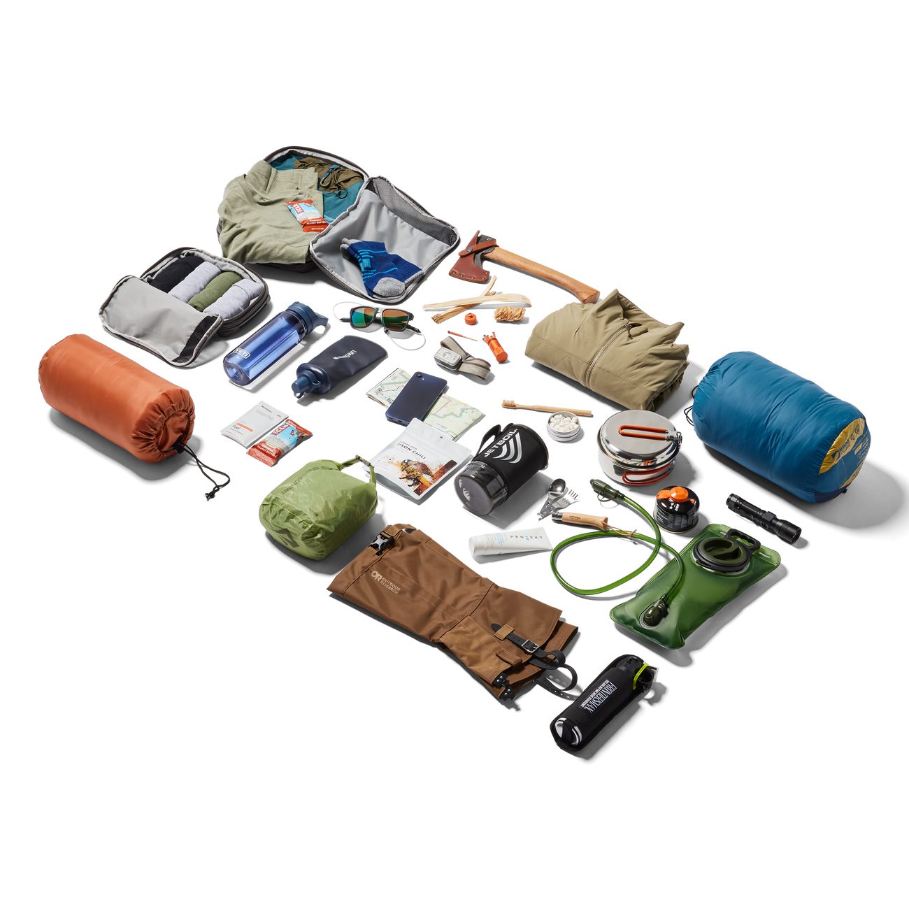 Collection of camping and hiking gear on a white background