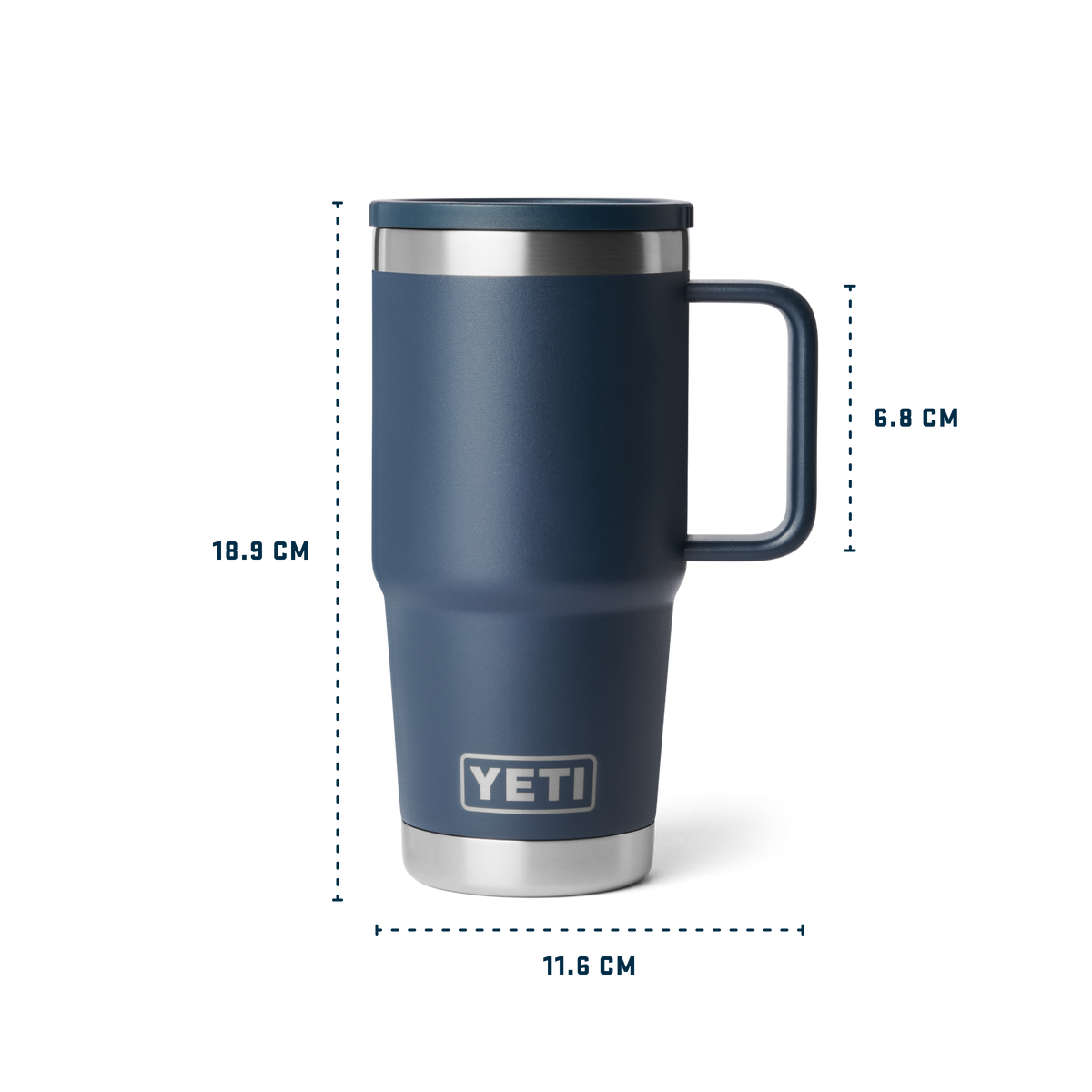 A navy blue YETI travel mug with silver stainless steel accents and a lid, shown with dimension lines and labels indicating height, handle width, and base diameter on a white background.