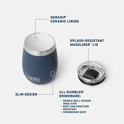YETI Rambler wine tumbler with features highlighted on a white background