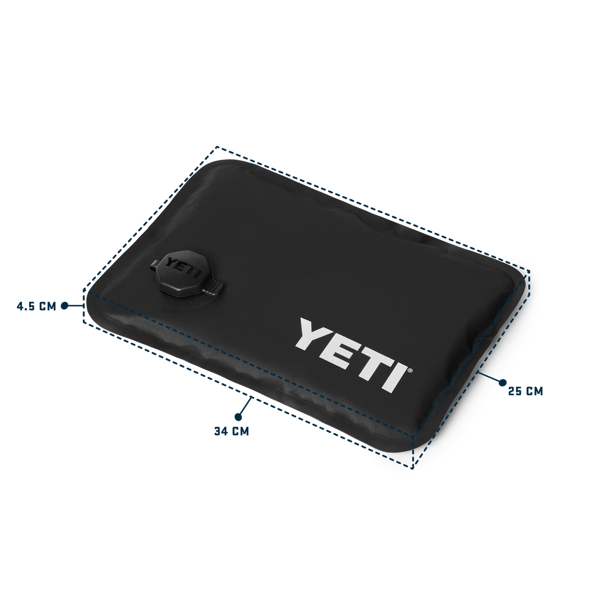 Black YETI inflatable water bladder with white YETI logo printed on the front, shown with dashed measurement lines and dimensions 4.5 cm, 34 cm, 25 cm, and 3 cm on a white background.