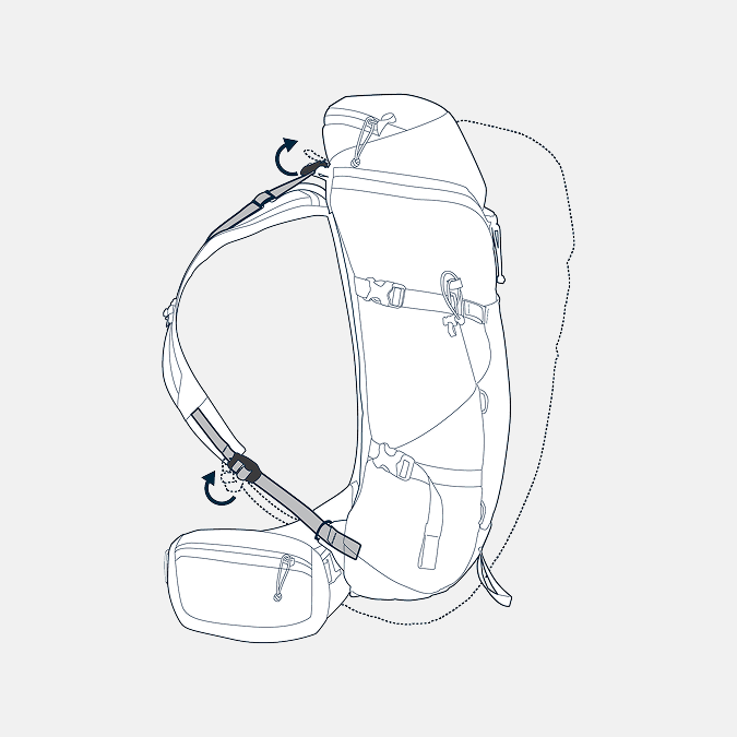Line drawing of a backpack with detailed straps and compartments on a light gray background