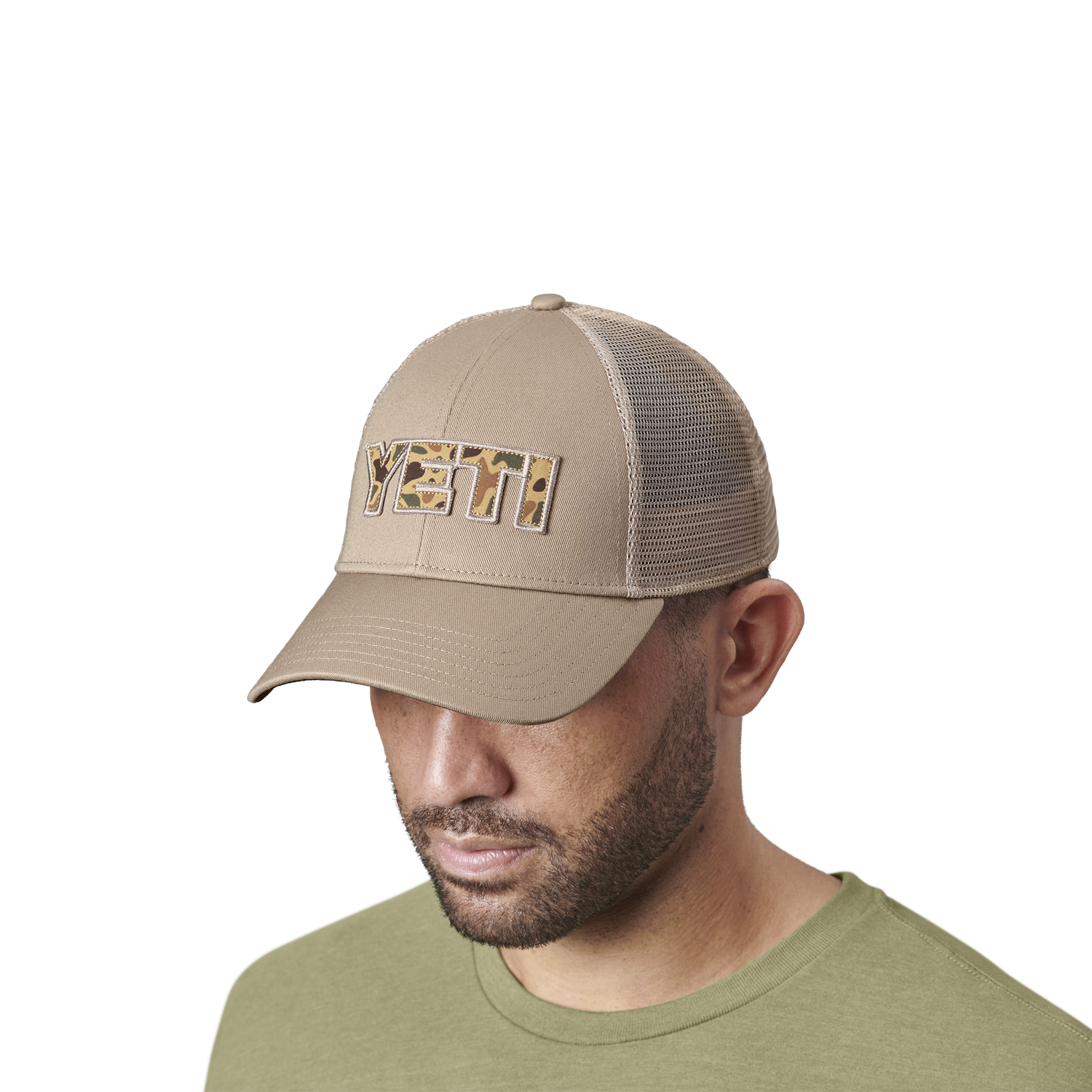YETI Cappello Trucker logo badge stampa mimetica Khaki